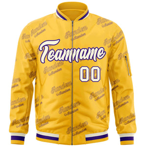 Custom Gold Cream-Purple Letter Full-Zip Varsity Bomber Jacket