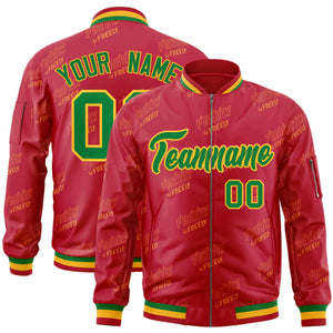 Custom Red Kelly Green-Gold Letter Full-Zip Varsity Bomber Jacket