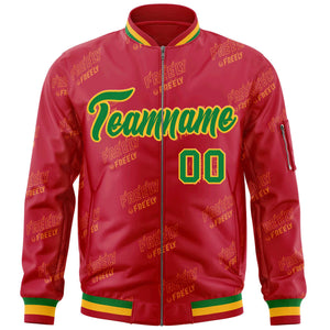 Custom Red Kelly Green-Gold Letter Full-Zip Varsity Bomber Jacket