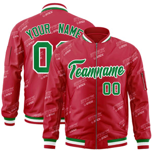 Custom Red Kelly Green-White Letter Full-Zip Varsity Bomber Jacket