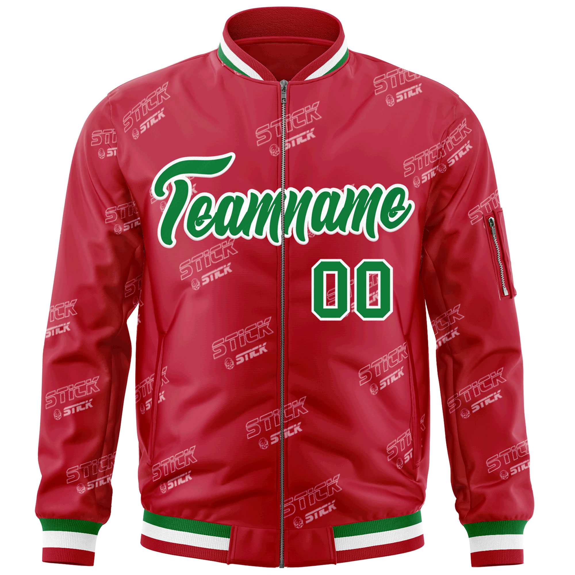 Custom Red Kelly Green-White Letter Full-Zip Varsity Bomber Jacket