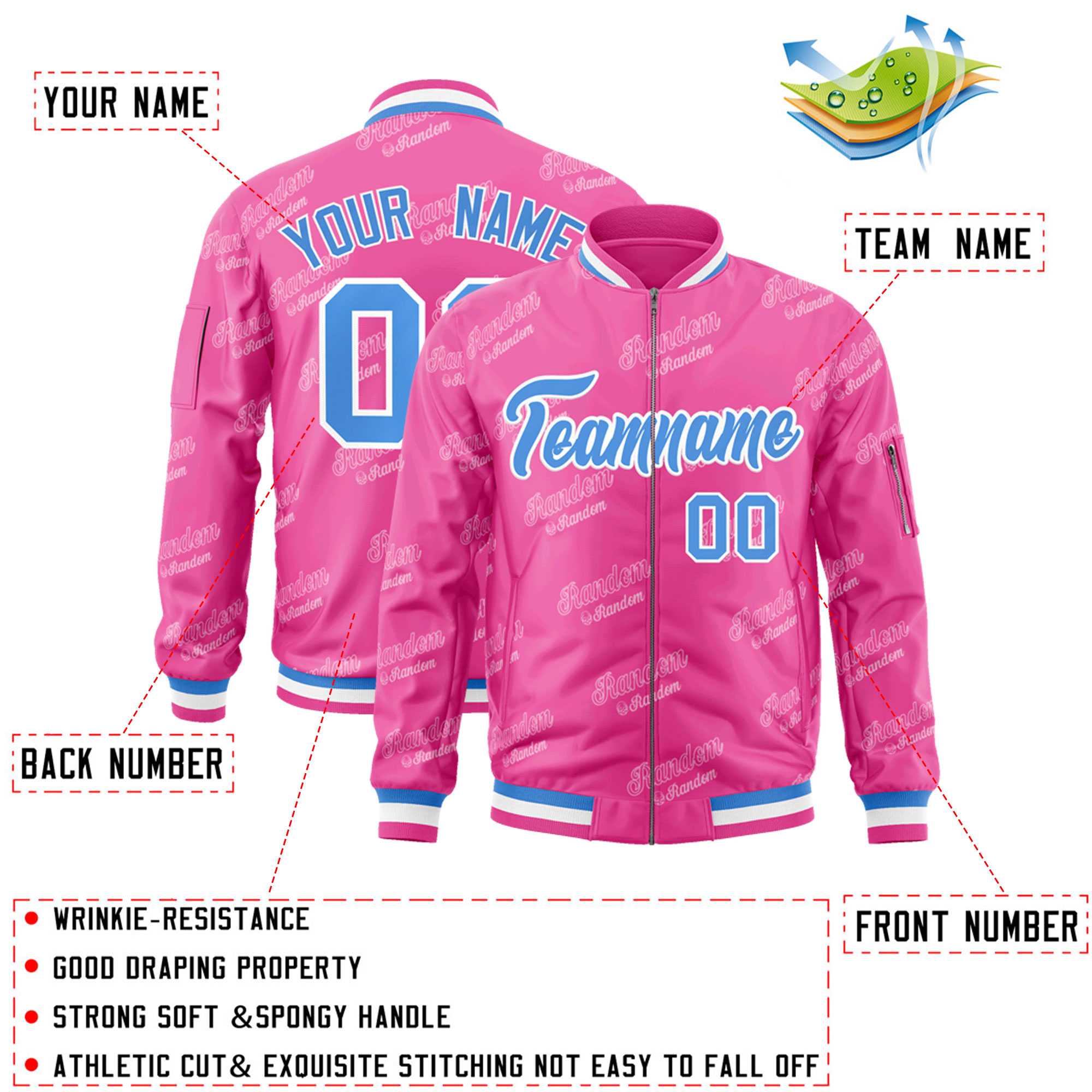 Custom Pink Powder Blue-White Letter Full-Zip Varsity Bomber Jacket