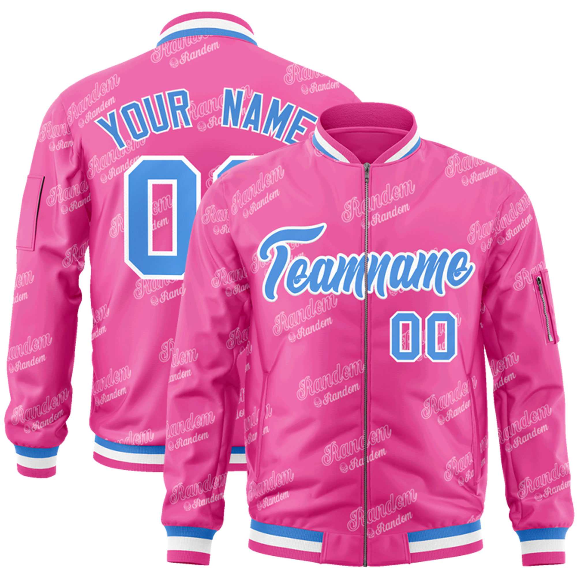 Custom Pink Powder Blue-White Letter Full-Zip Varsity Bomber Jacket