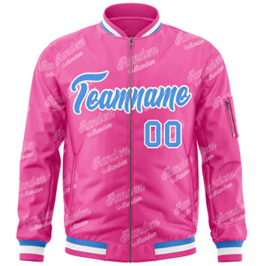 Custom Pink Powder Blue-White Letter Full-Zip Varsity Bomber Jacket