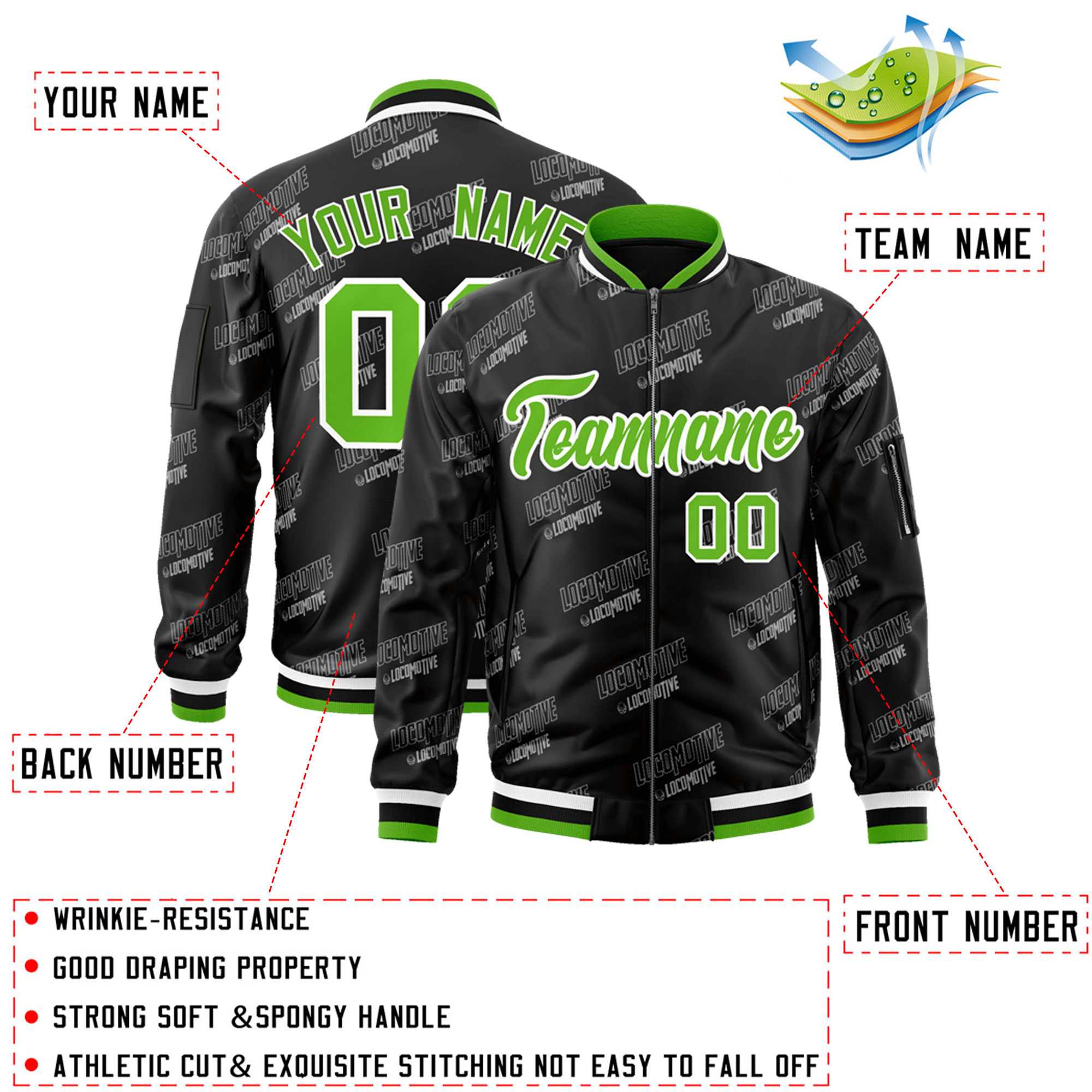 Custom Black Green-White Letter Full-Zip Varsity Bomber Jacket