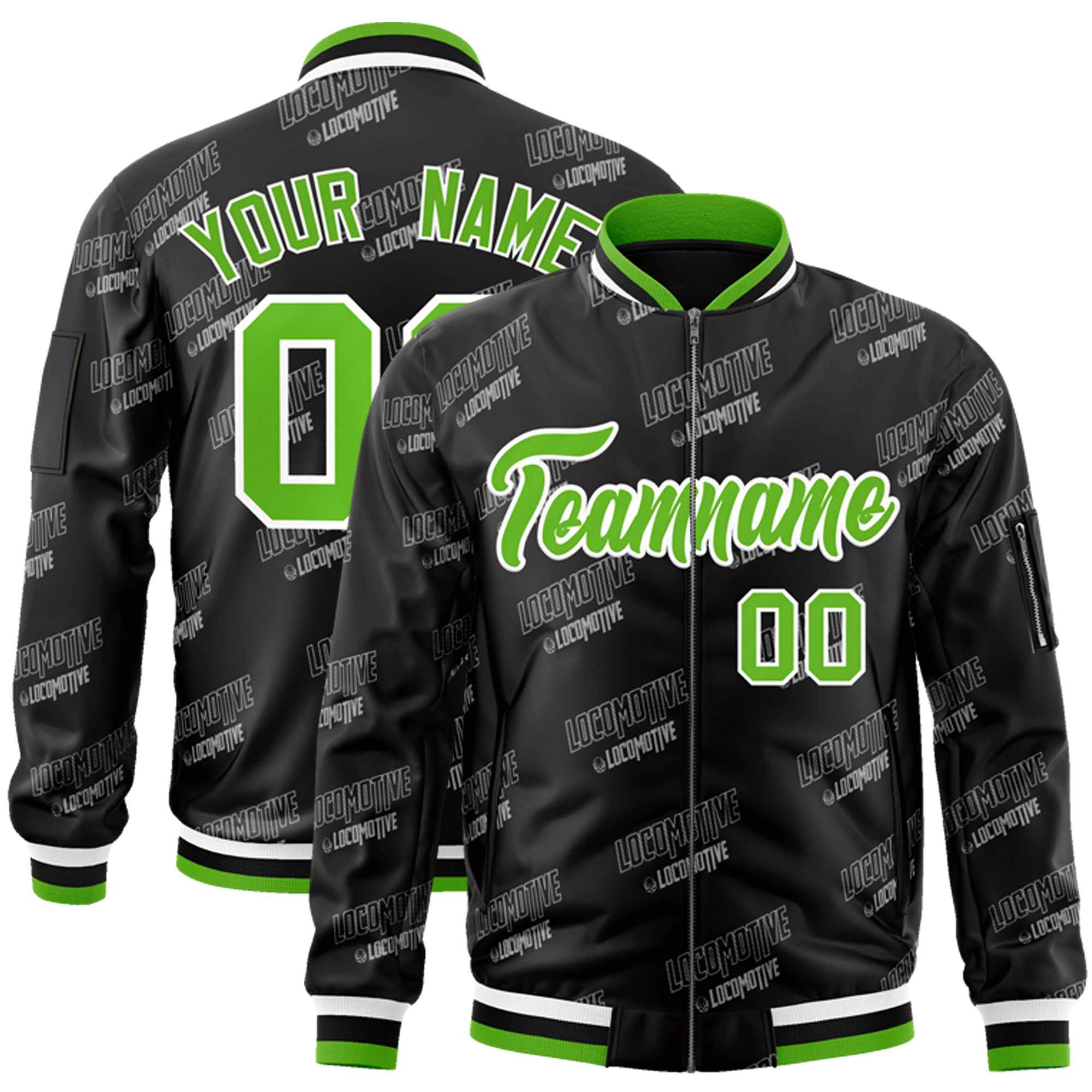 Custom Black Green-White Letter Full-Zip Varsity Bomber Jacket