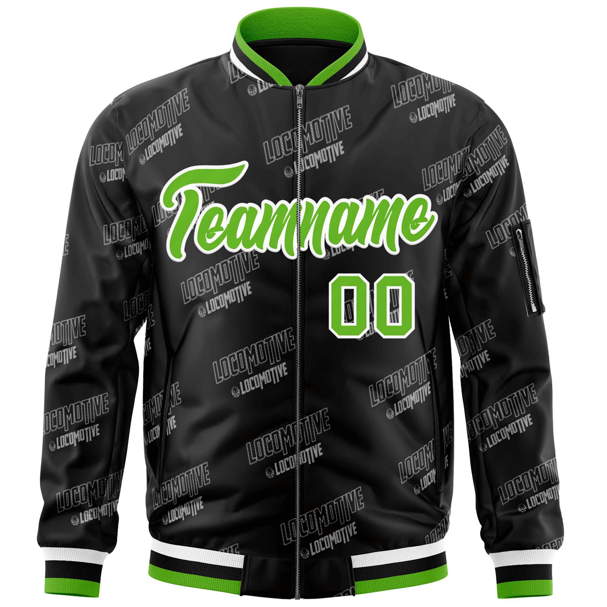 Custom Black Green-White Letter Full-Zip Varsity Bomber Jacket