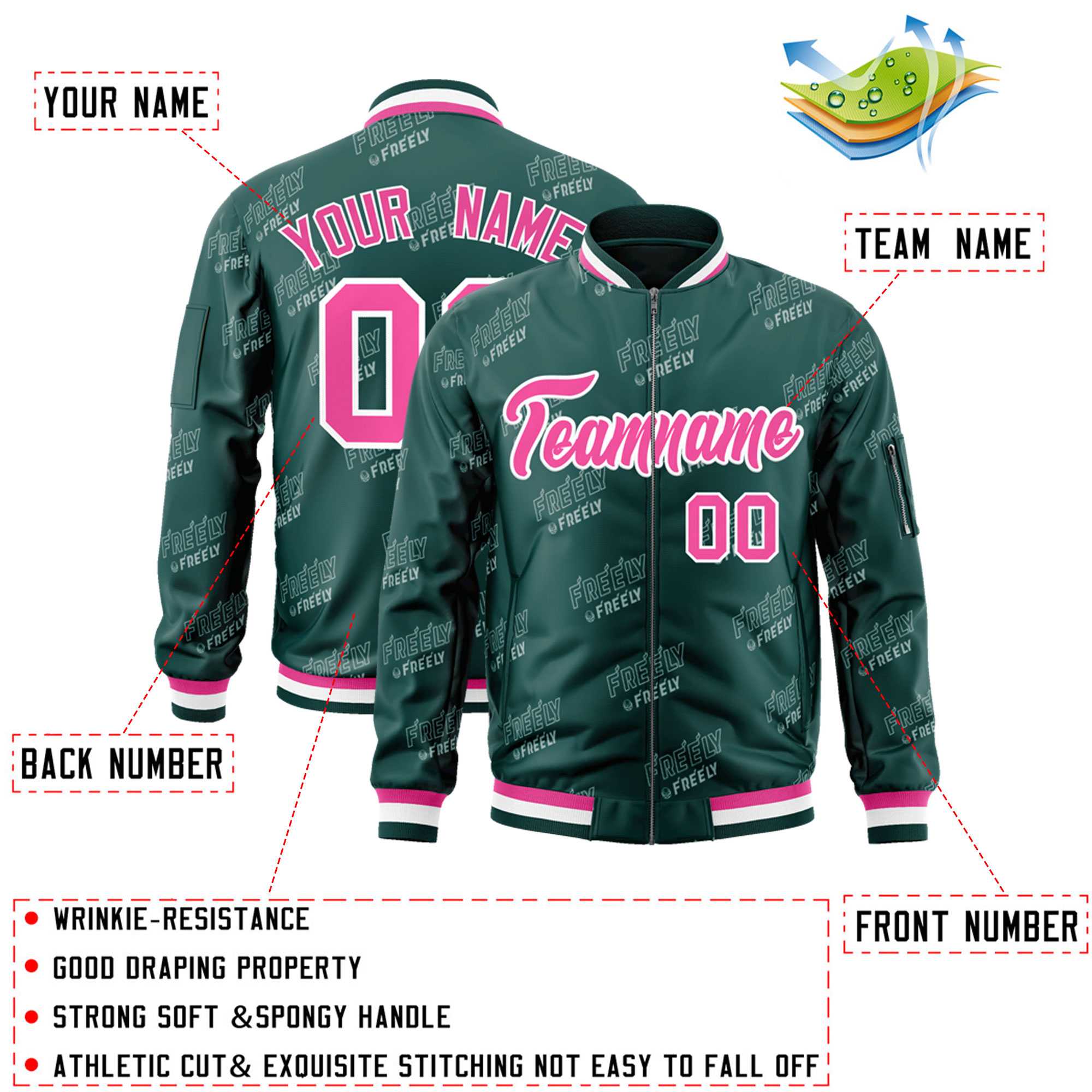 Custom Midnight Green Pink-White Letter Full-Zip Varsity Bomber Jacket