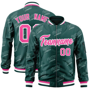 Custom Midnight Green Pink-White Letter Full-Zip Varsity Bomber Jacket