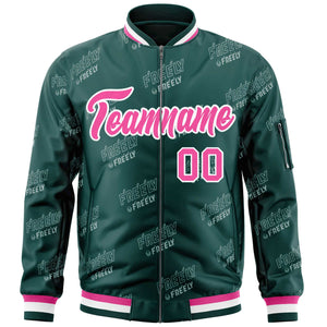 Custom Midnight Green Pink-White Letter Full-Zip Varsity Bomber Jacket