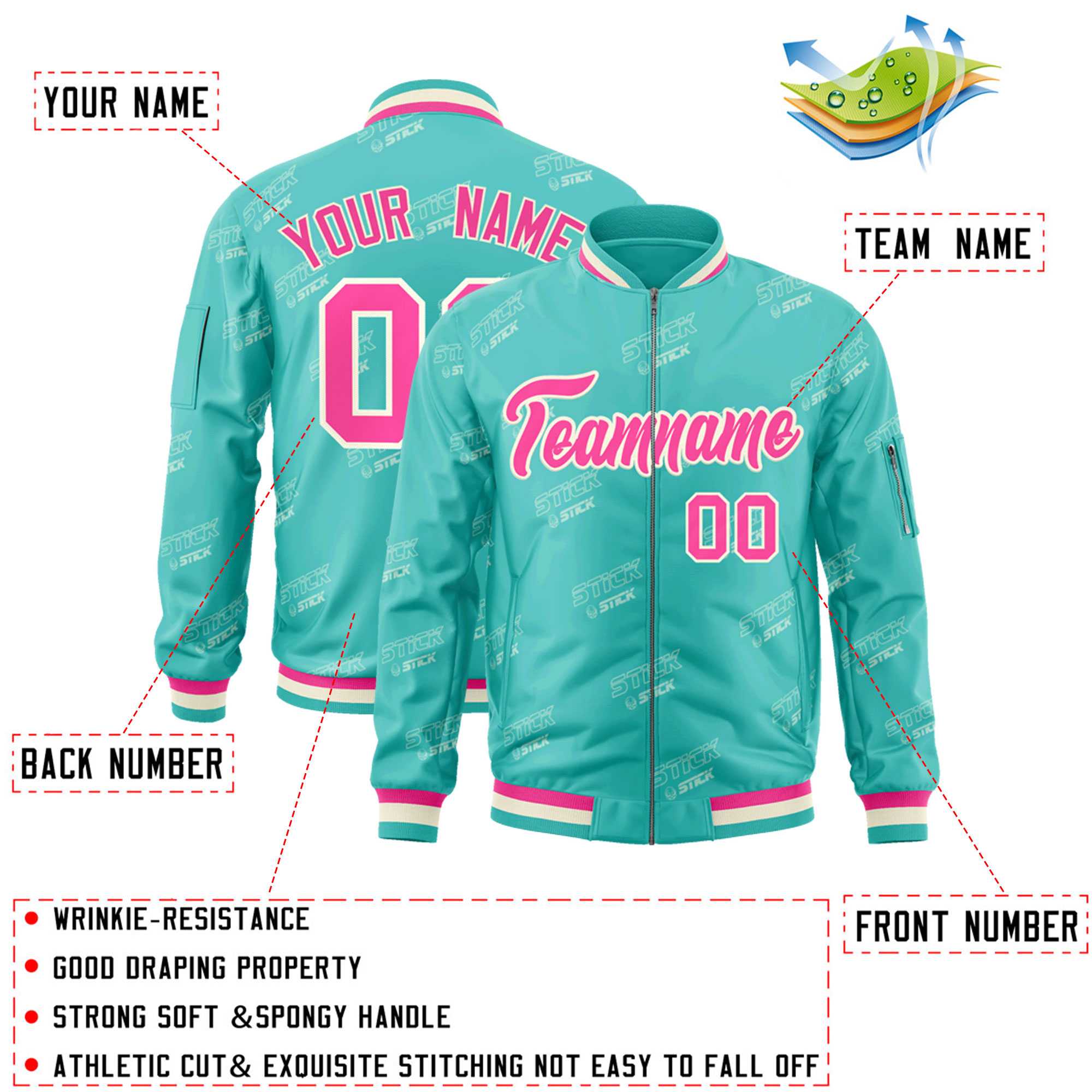 Custom Aqua Pink-Cream Letter Full-Zip Varsity Bomber Jacket