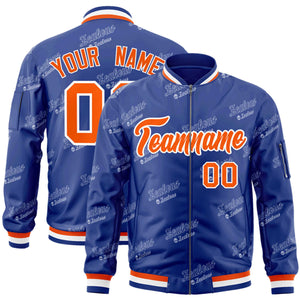 Custom Royal Orange-White Letter Full-Zip Varsity Bomber Jacket