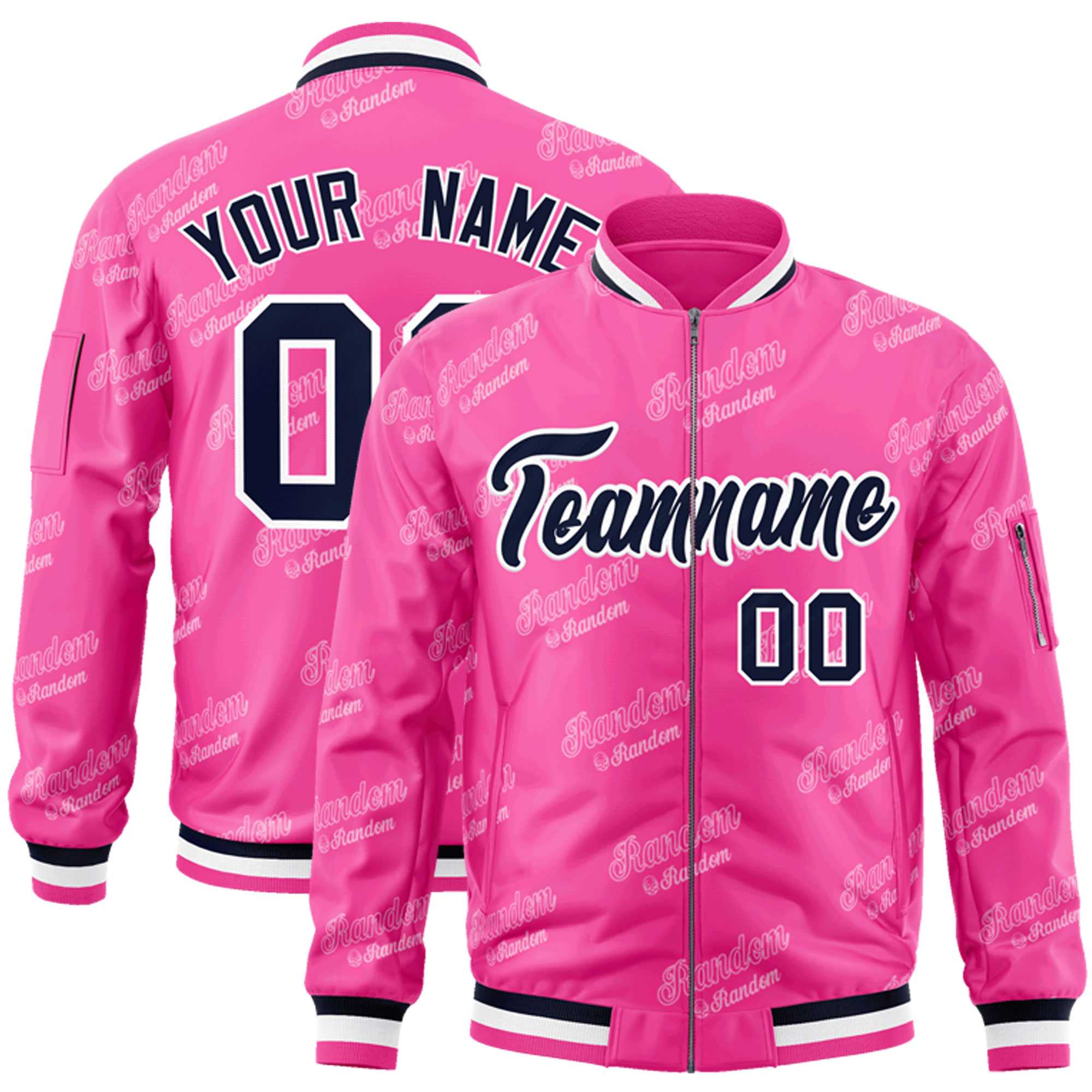 Custom Pink Navy-White Letter Full-Zip Varsity Bomber Jacket