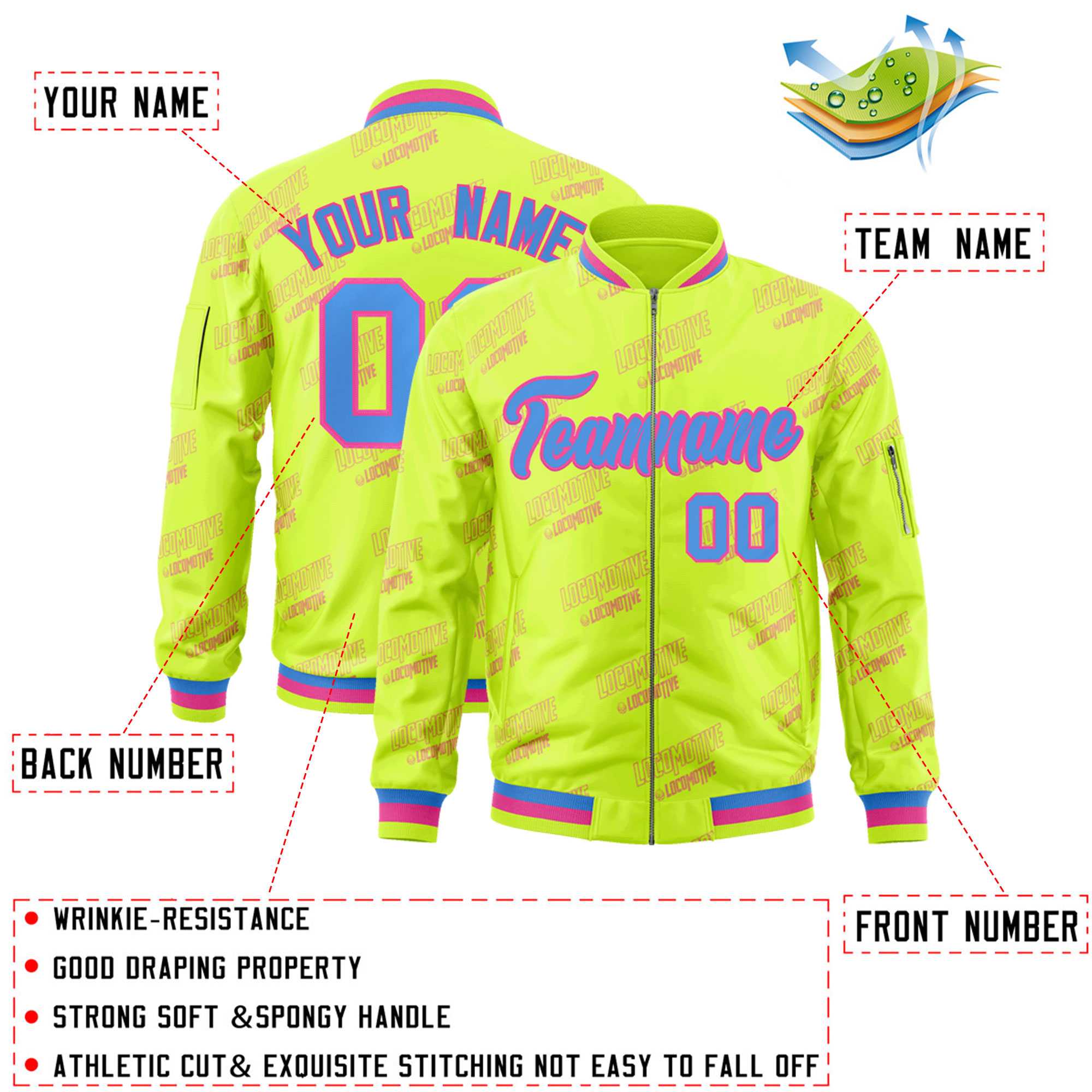 Custom Neon Green Powder Blue-Pink Letter Full-Zip Varsity Bomber Jacket