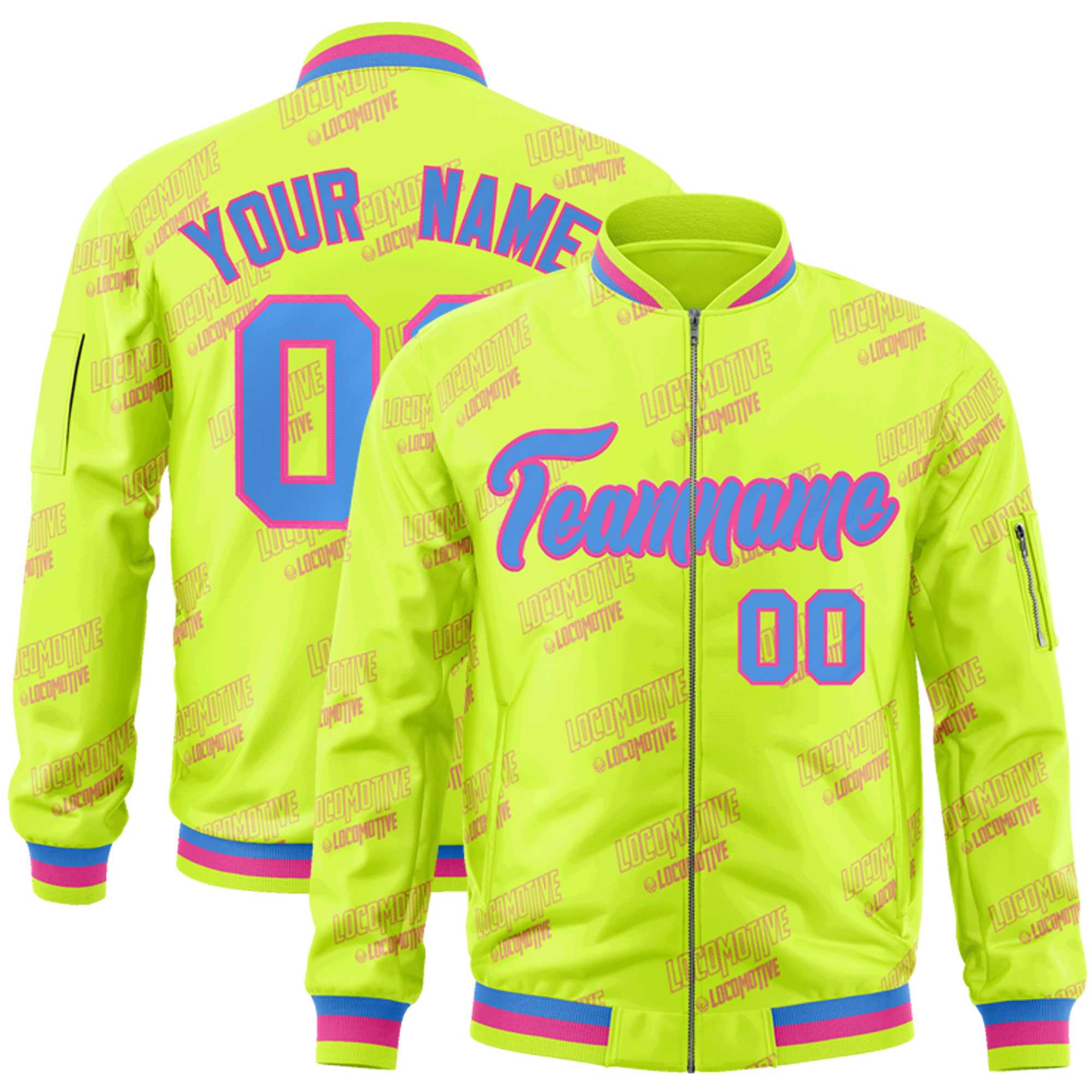 Custom Neon Green Powder Blue-Pink Letter Full-Zip Varsity Bomber Jacket