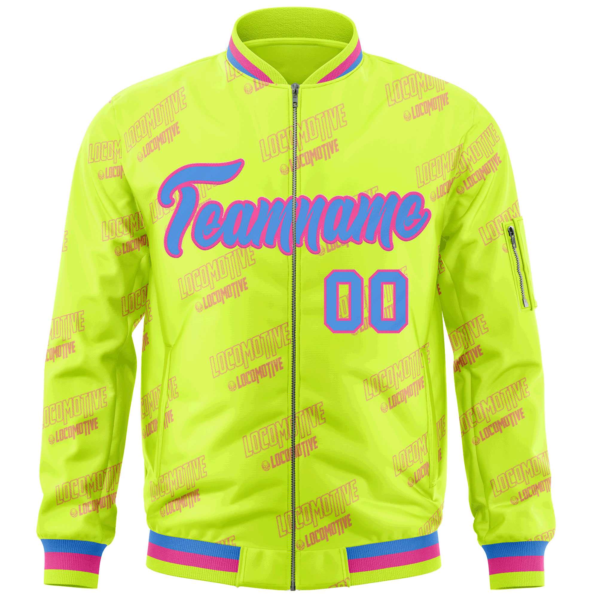 Custom Neon Green Powder Blue-Pink Letter Full-Zip Varsity Bomber Jacket