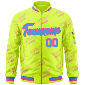 Custom Neon Green Powder Blue-Pink Letter Full-Zip Varsity Bomber Jacket