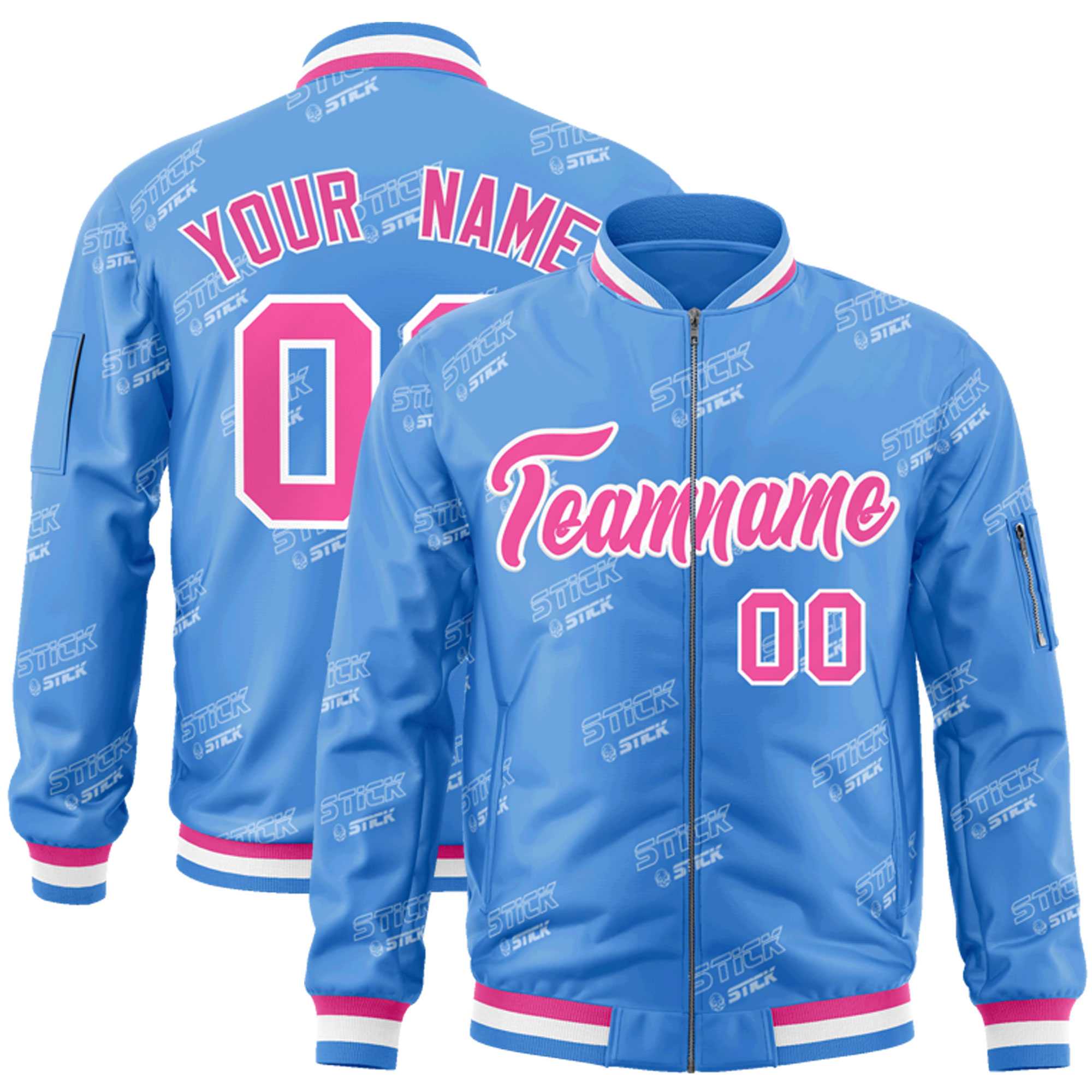 Custom Powder Blue Pink-White Letter Full-Zip Varsity Bomber Jacket