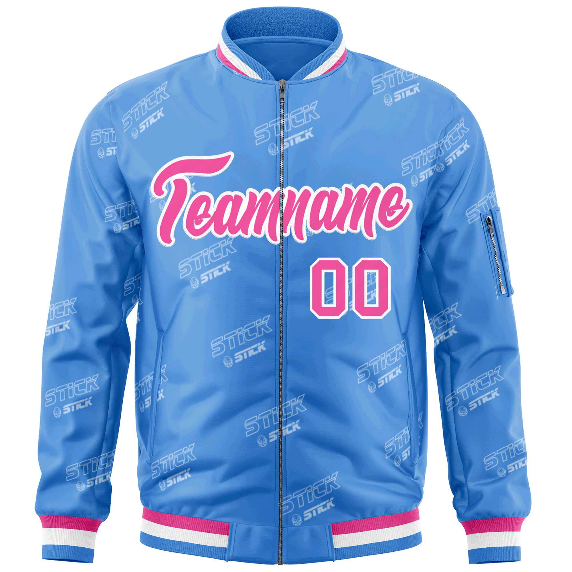 Custom Powder Blue Pink-White Letter Full-Zip Varsity Bomber Jacket