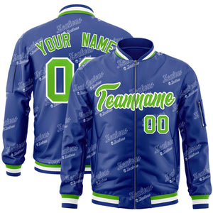 Custom Royal Green-White Letter Full-Zip Varsity Bomber Jacket