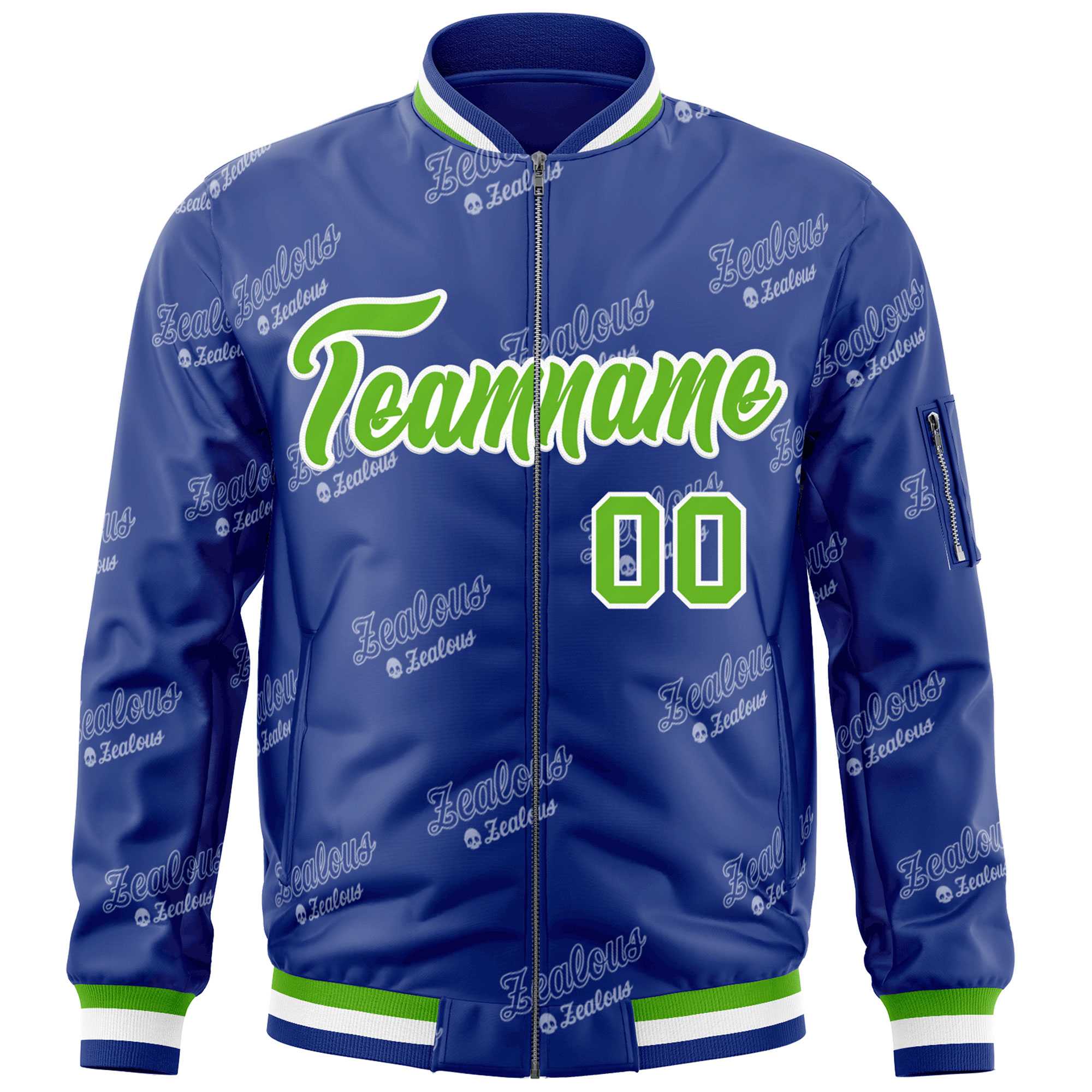 Custom Royal Green-White Letter Full-Zip Varsity Bomber Jacket