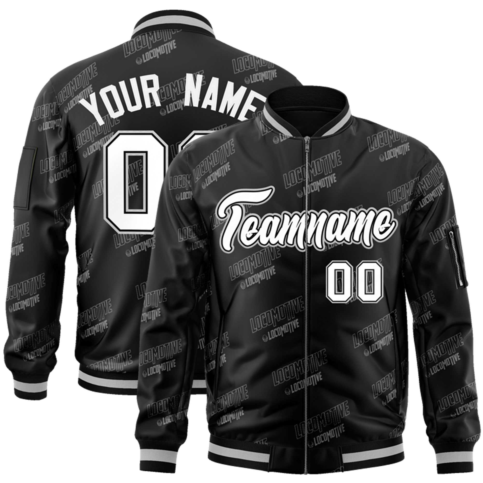 Custom Black White Letter Full-Zip Varsity Bomber Jacket