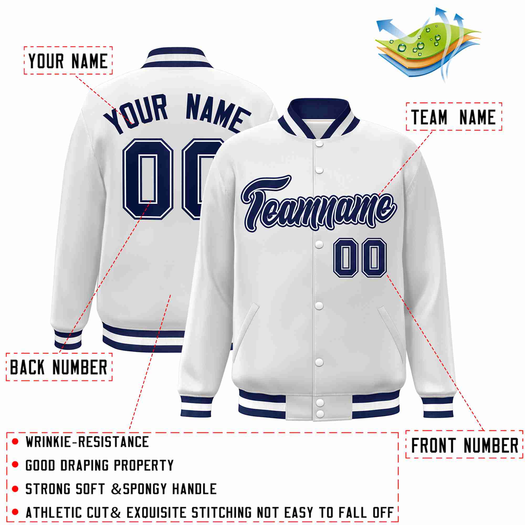 Custom White Navy-White Classic Style Varsity Full-Snap Letterman Jacket