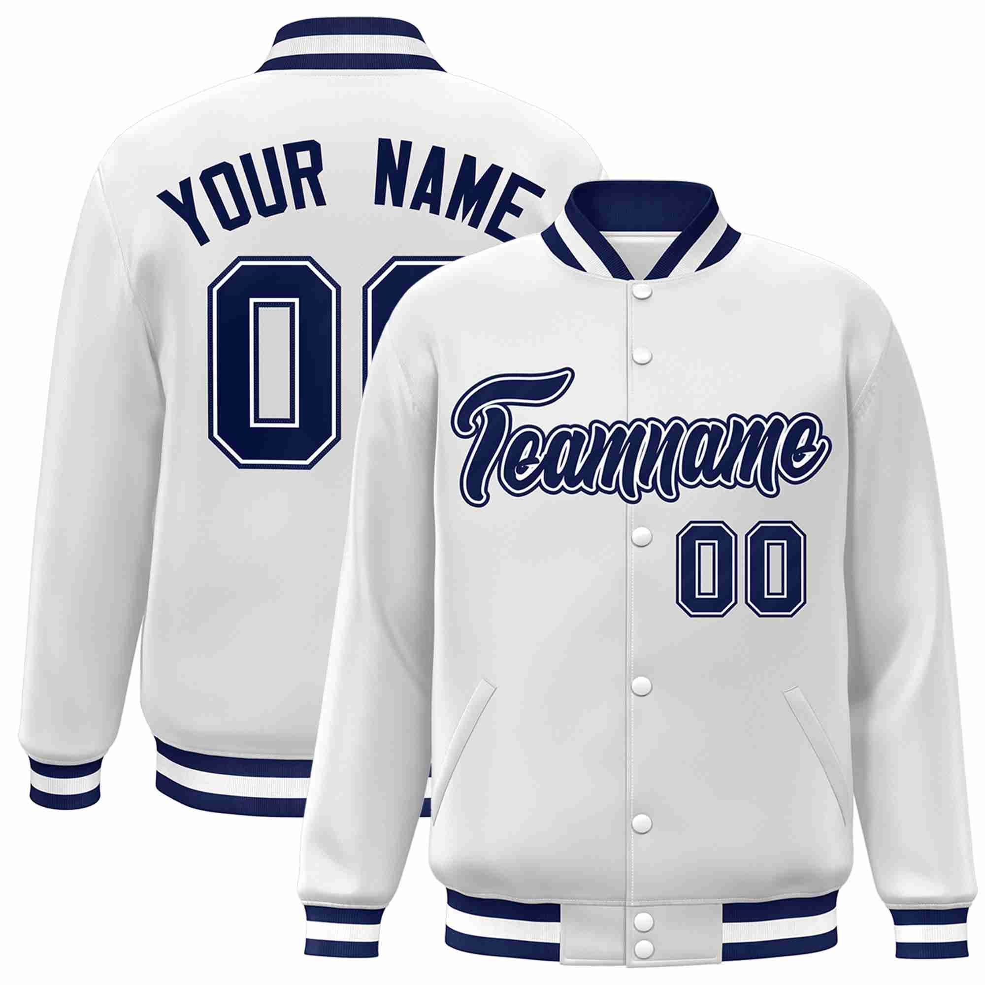 Custom White Navy-White Classic Style Varsity Full-Snap Letterman Jacket