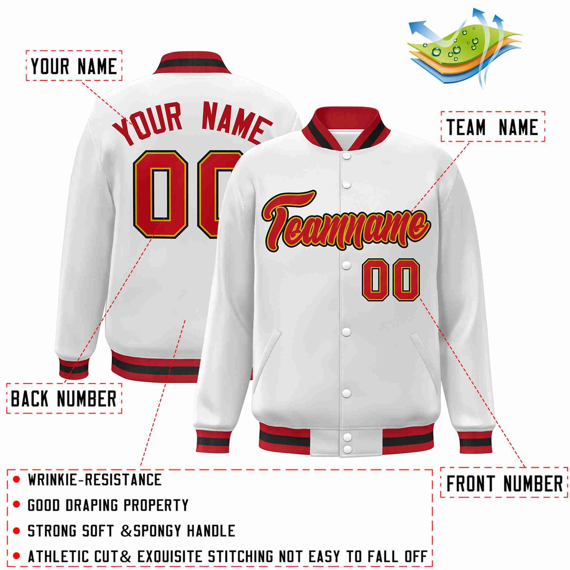 Custom White Red-Old Gold Classic Style Varsity Full-Snap Letterman Jacket