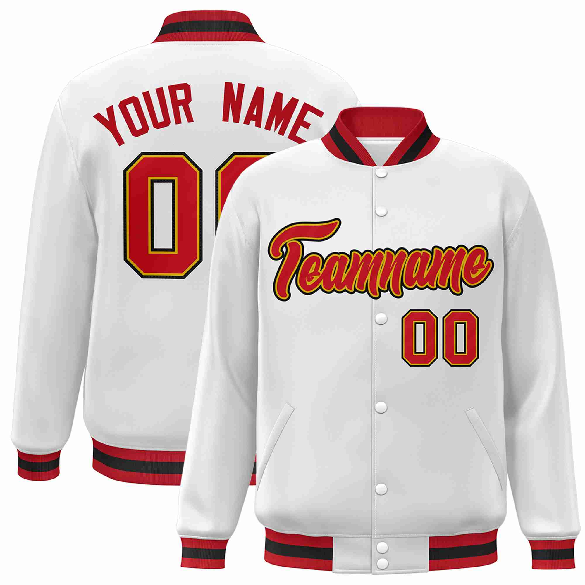 Custom White Red-Old Gold Classic Style Varsity Full-Snap Letterman Jacket