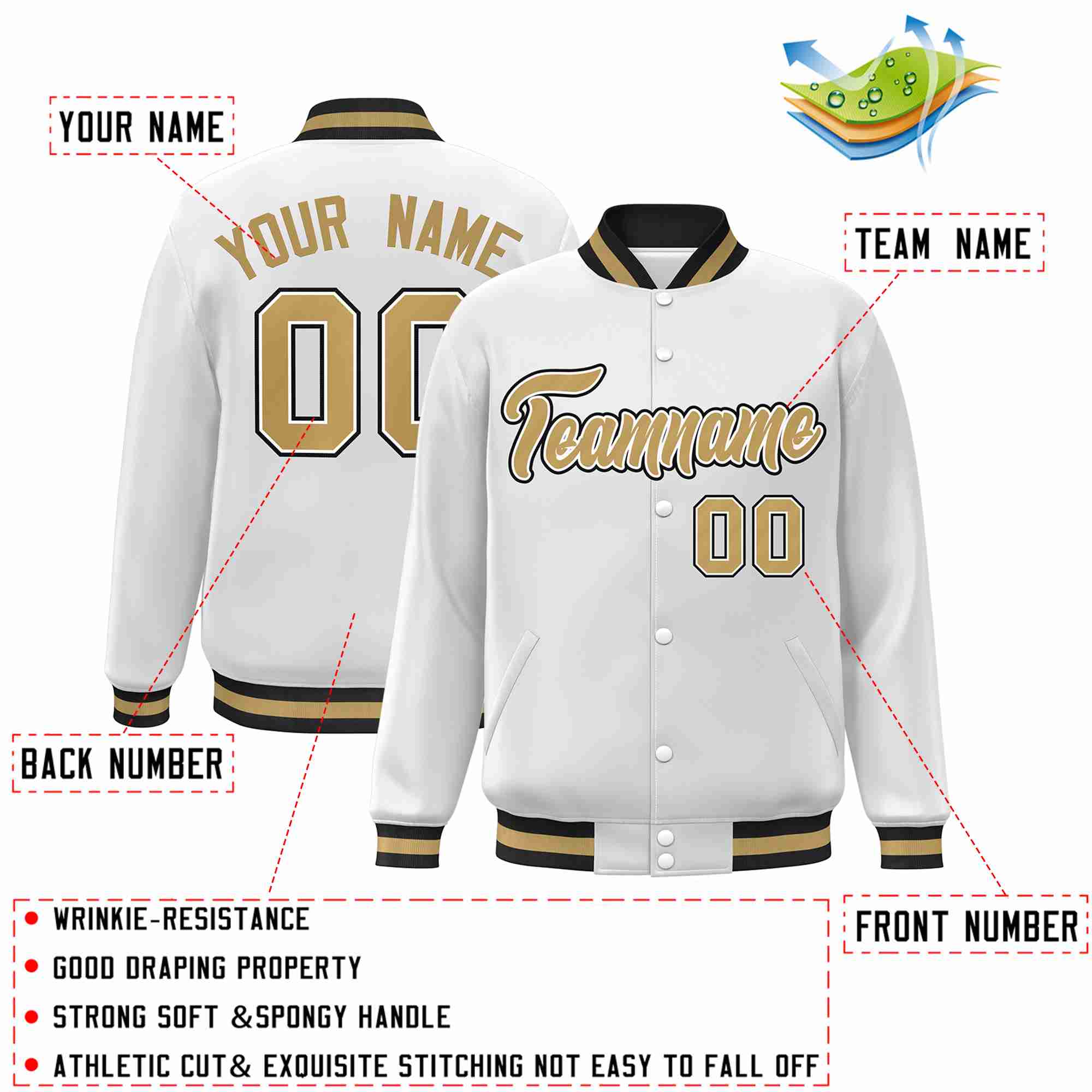 Custom White Old Gold-White Classic Style Varsity Full-Snap Letterman Jacket