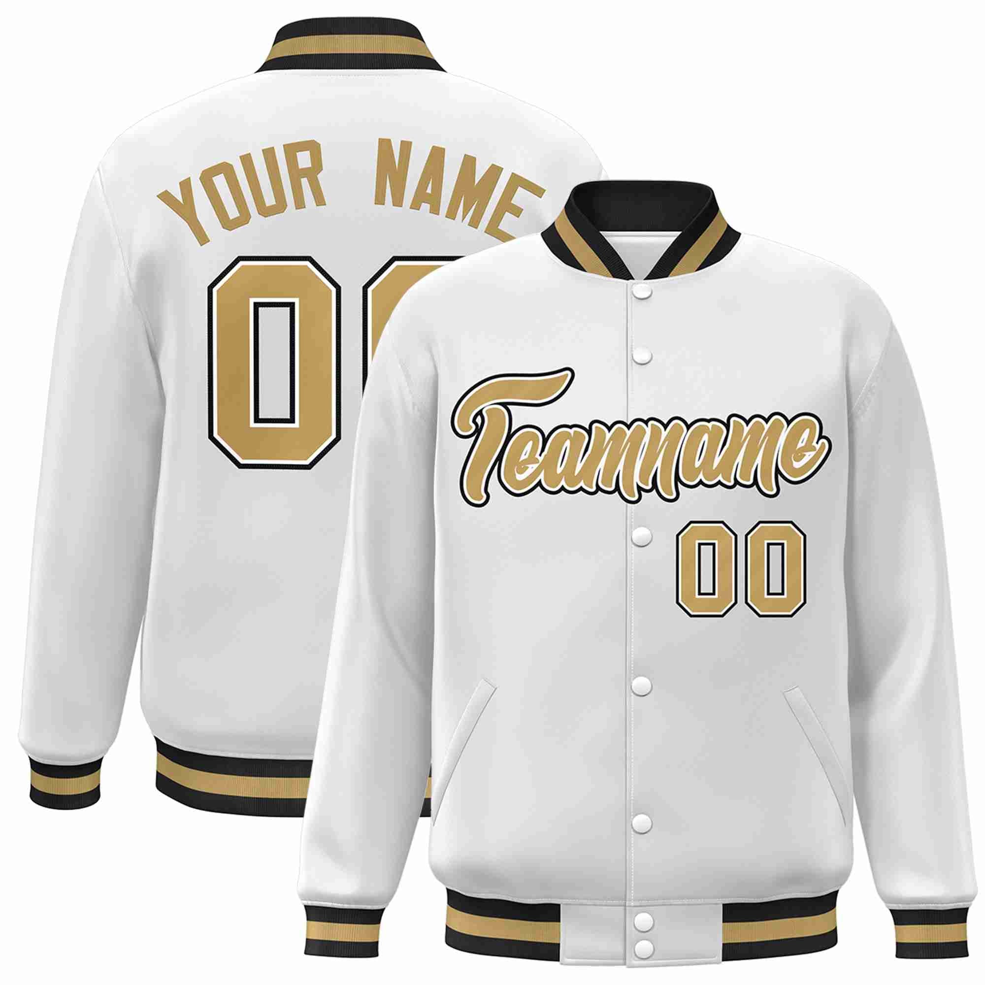 Custom White Old Gold-White Classic Style Varsity Full-Snap Letterman Jacket