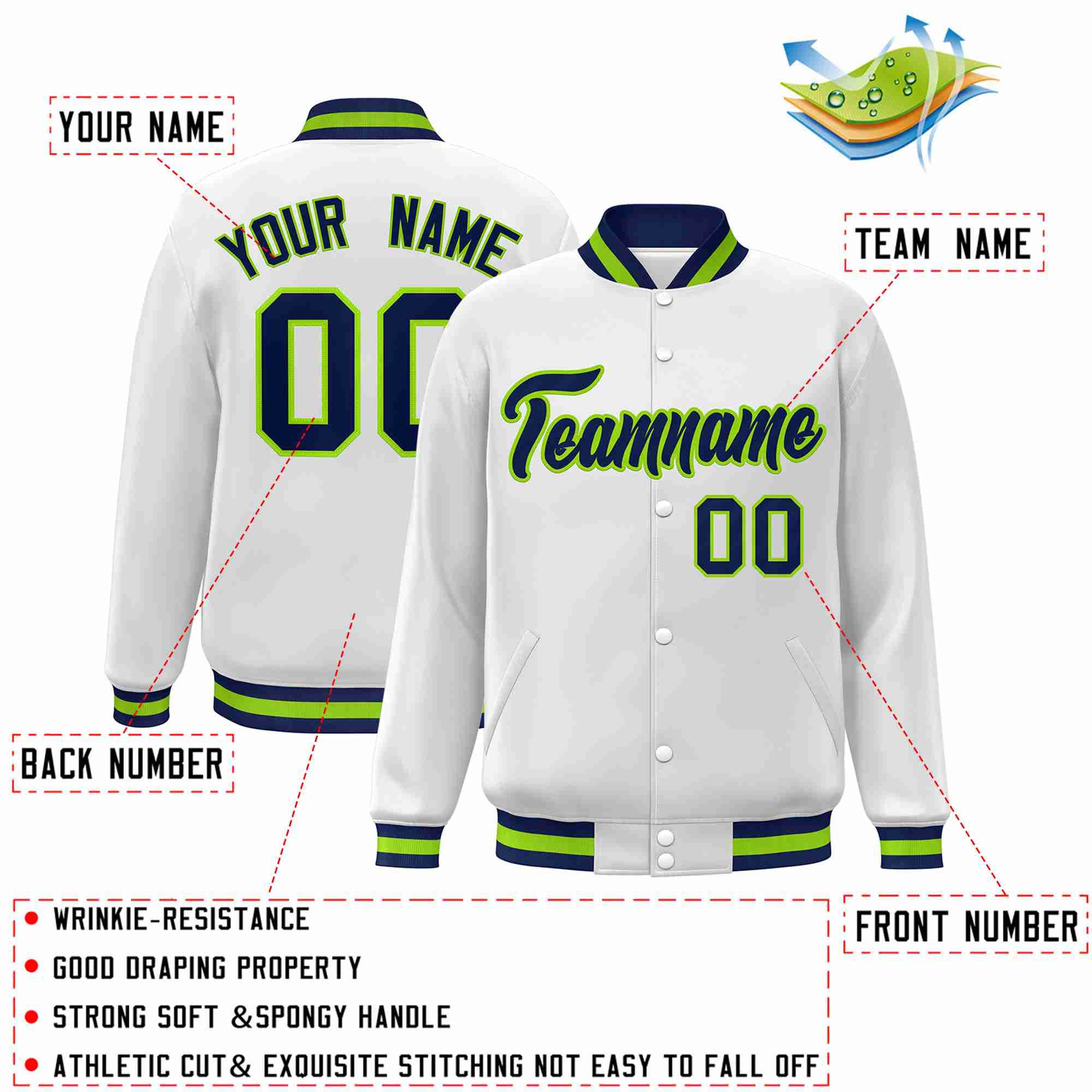 Custom White Navy-Neon Green Classic Style Varsity Full-Snap Letterman Jacket