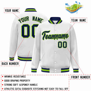 Custom White Navy-Neon Green Classic Style Varsity Full-Snap Letterman Jacket