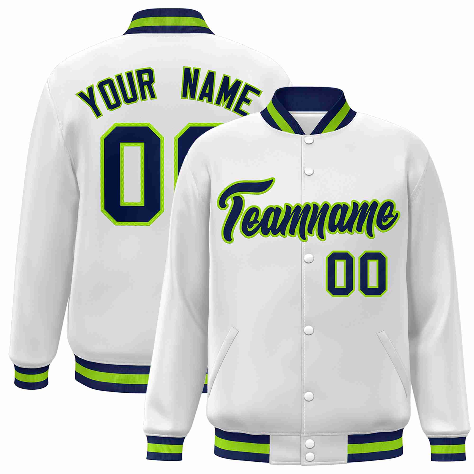 Custom White Navy-Neon Green Classic Style Varsity Full-Snap Letterman Jacket