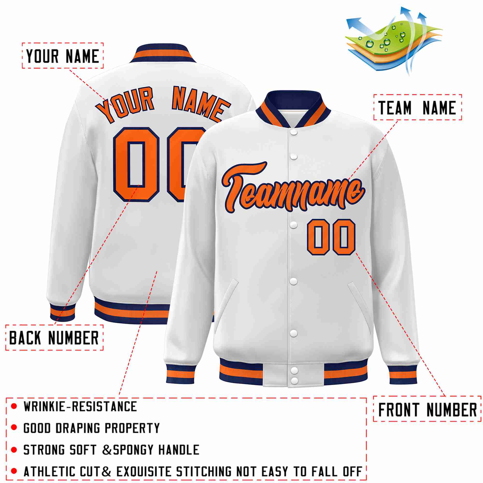 Custom White Orange-Navy Classic Style Varsity Full-Snap Letterman Jacket