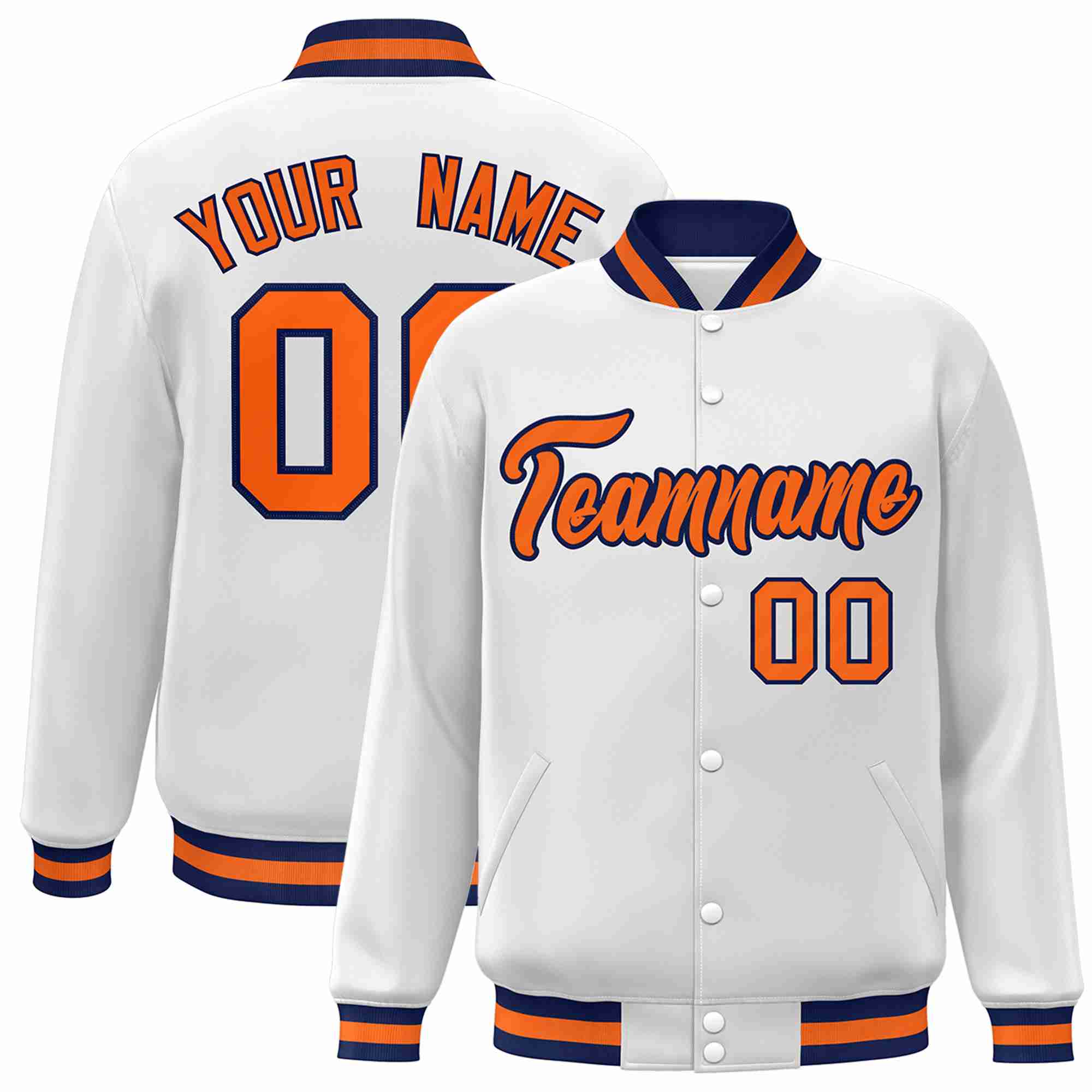 Custom White Orange-Navy Classic Style Varsity Full-Snap Letterman Jacket