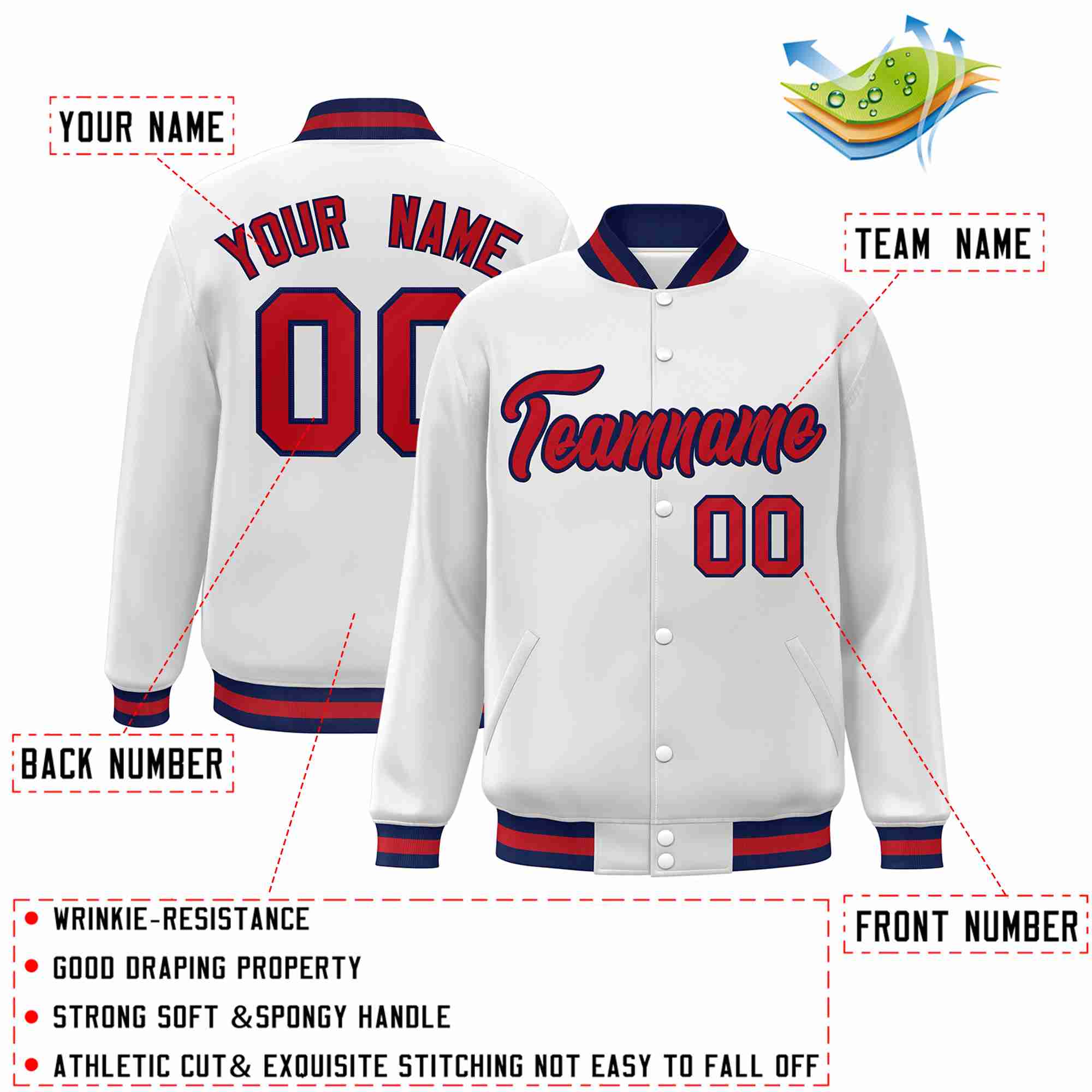 Custom White Red-Navy Classic Style Varsity Full-Snap Letterman Jacket