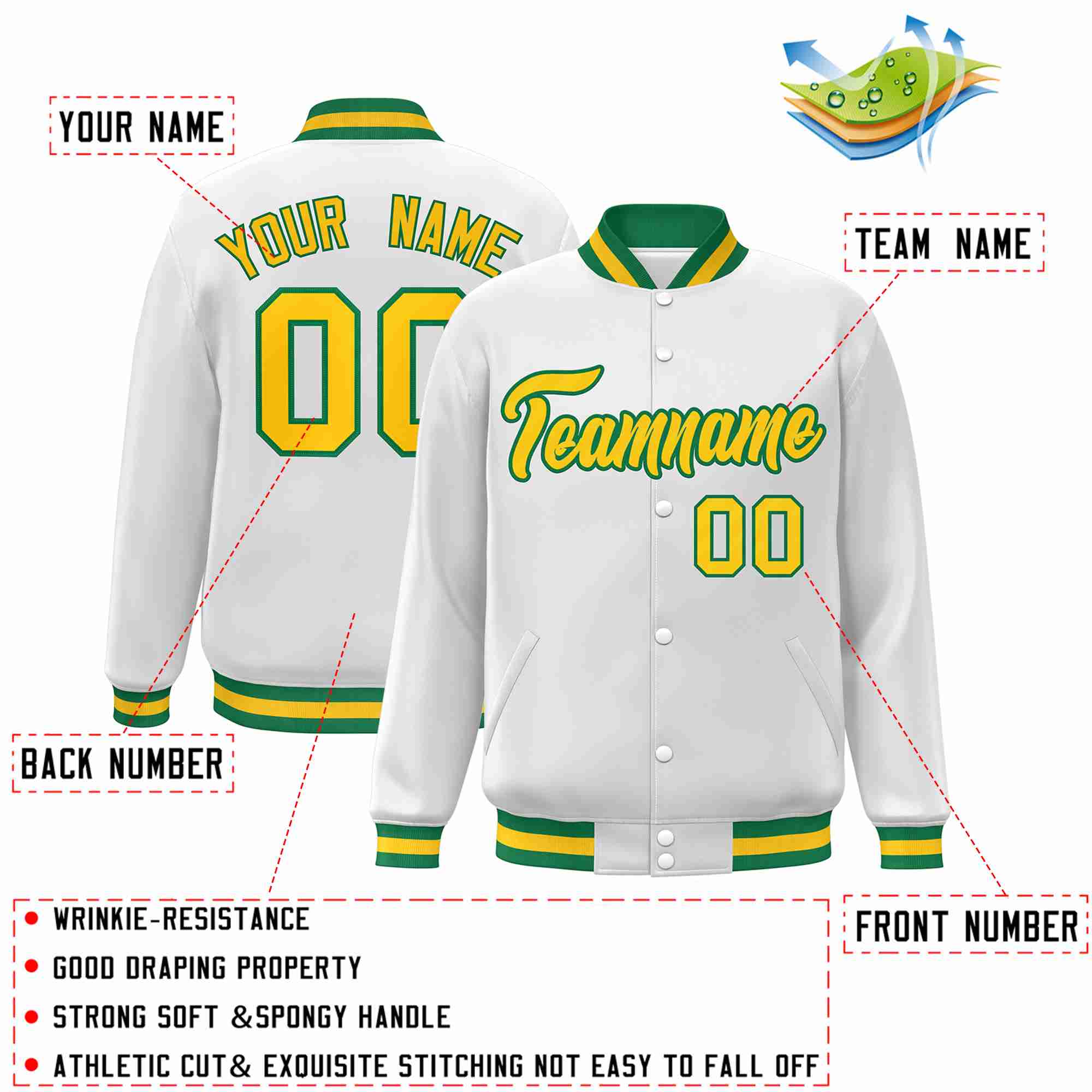 Custom White Gold-Green Classic Style Varsity Full-Snap Letterman Jacket