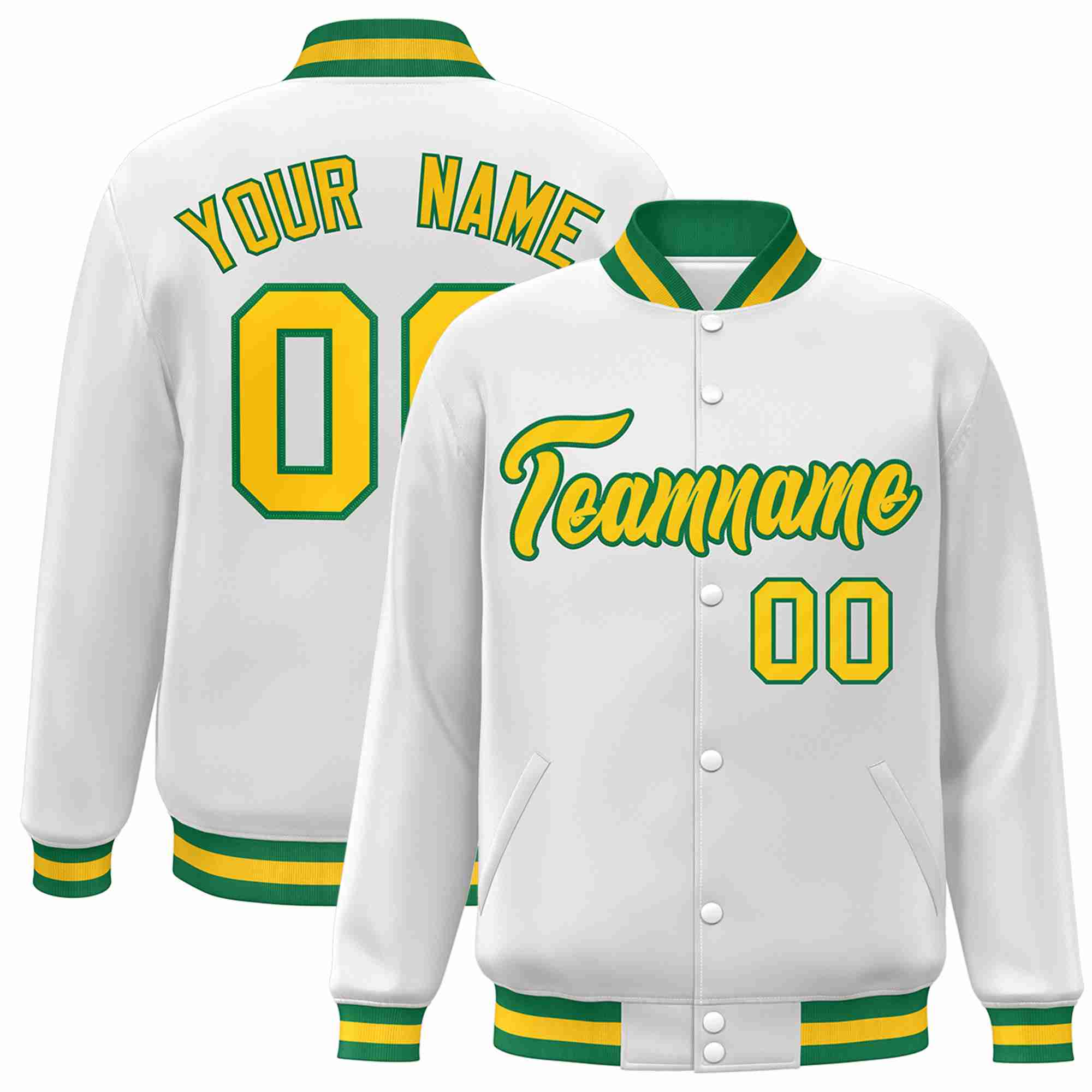 Custom White Gold-Green Classic Style Varsity Full-Snap Letterman Jacket