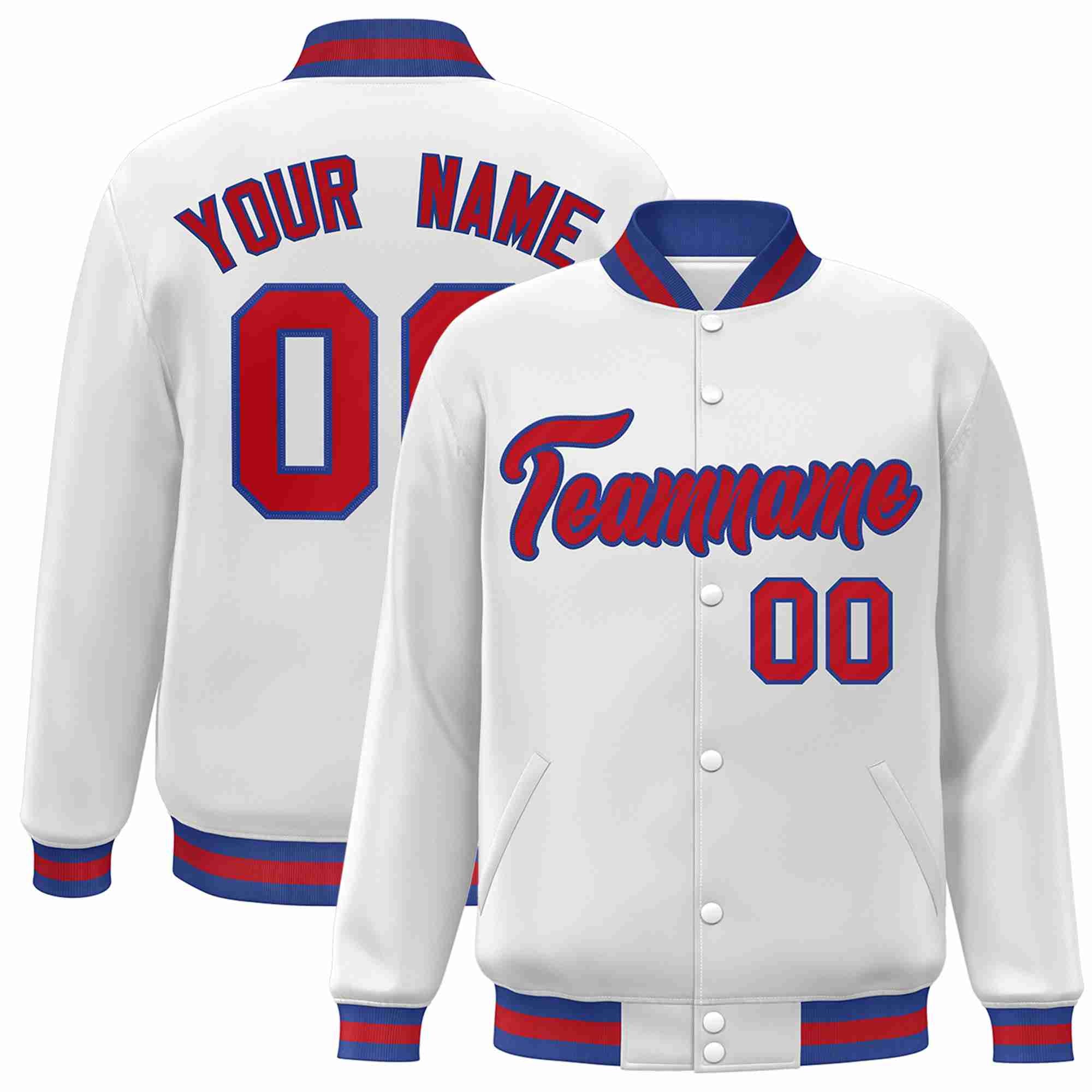 Custom White Red-Royal Classic Style Varsity Full-Snap Letterman Jacket