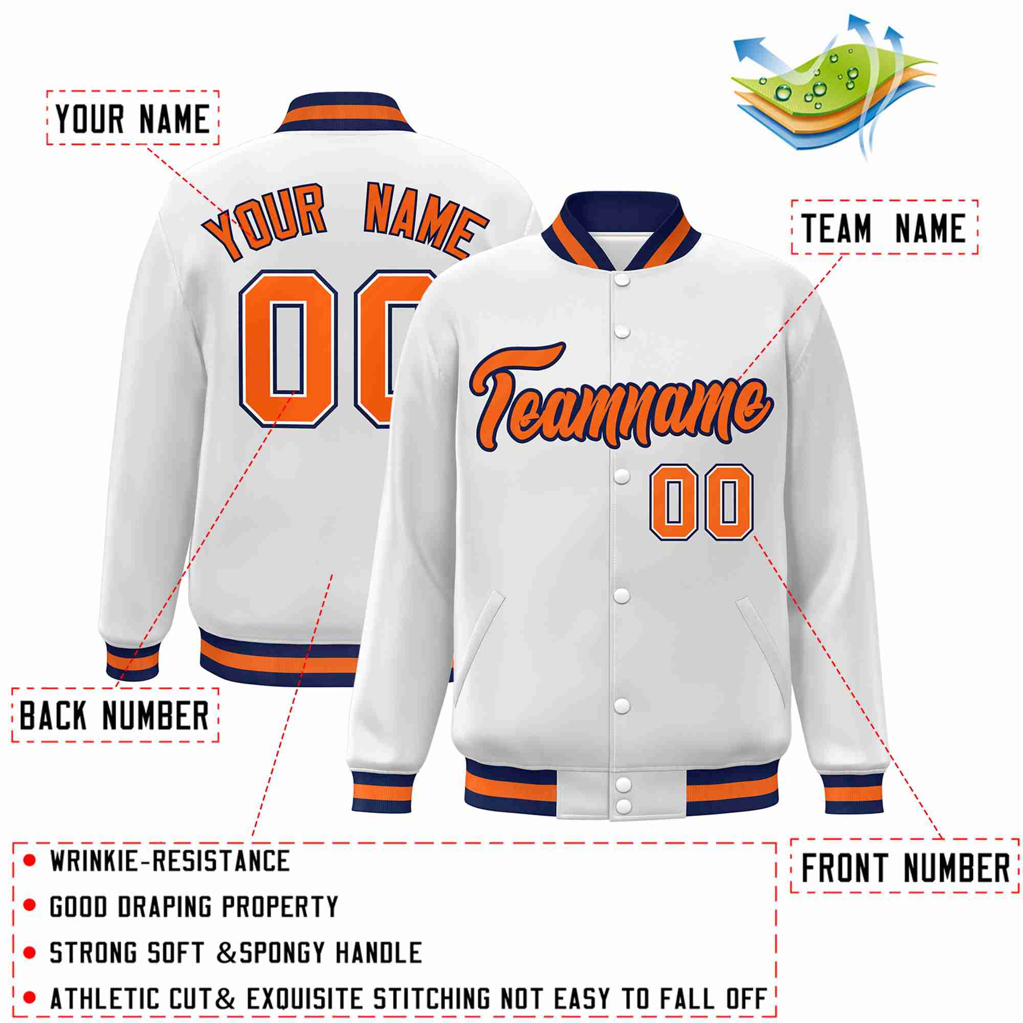 Custom White Orange-Navy Classic Style Varsity Full-Snap Letterman Jacket