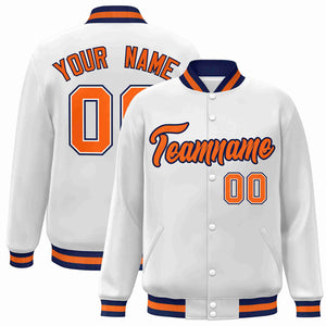 Custom White Orange-Navy Classic Style Varsity Full-Snap Letterman Jacket