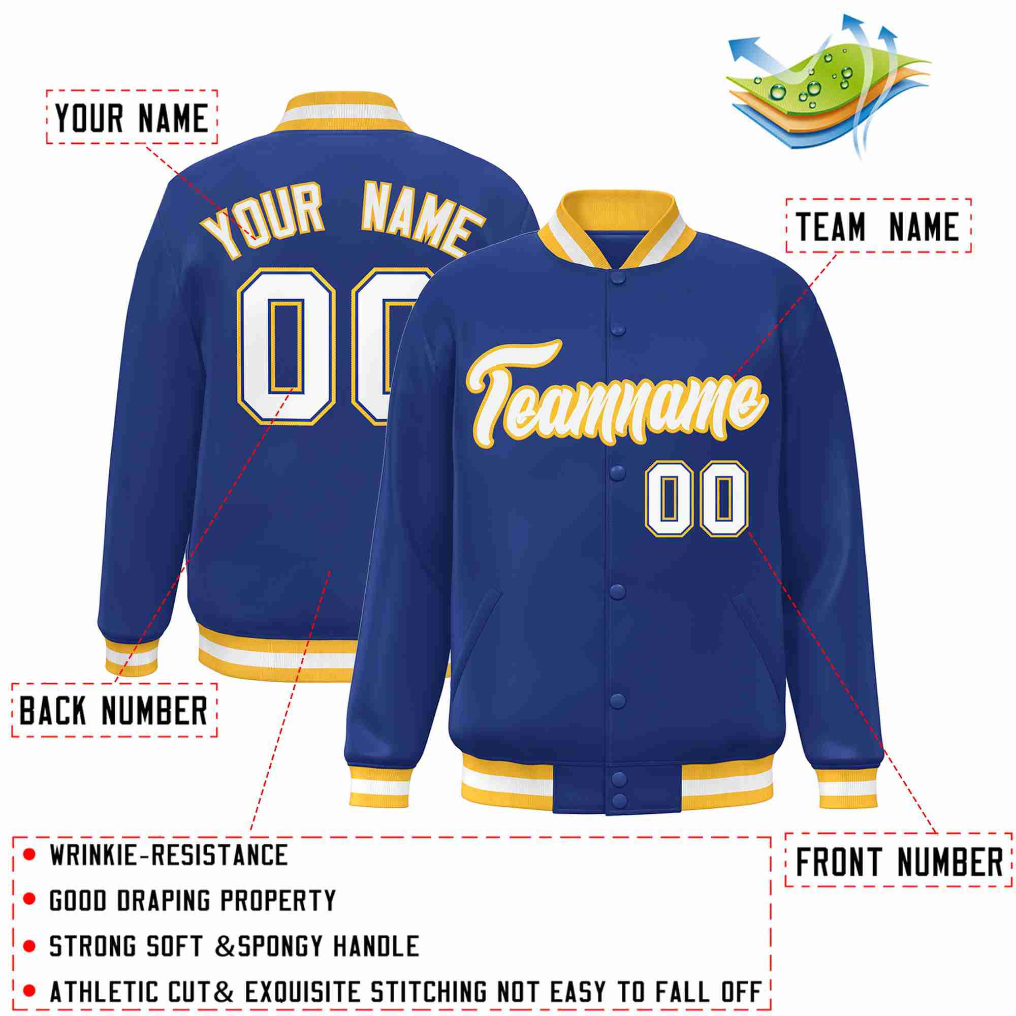 Custom Royal White-Gold Classic Style Varsity Full-Snap Letterman Jacket