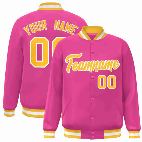 Custom Pink Gold-White Classic Style Varsity Full-Snap Letterman Jacket