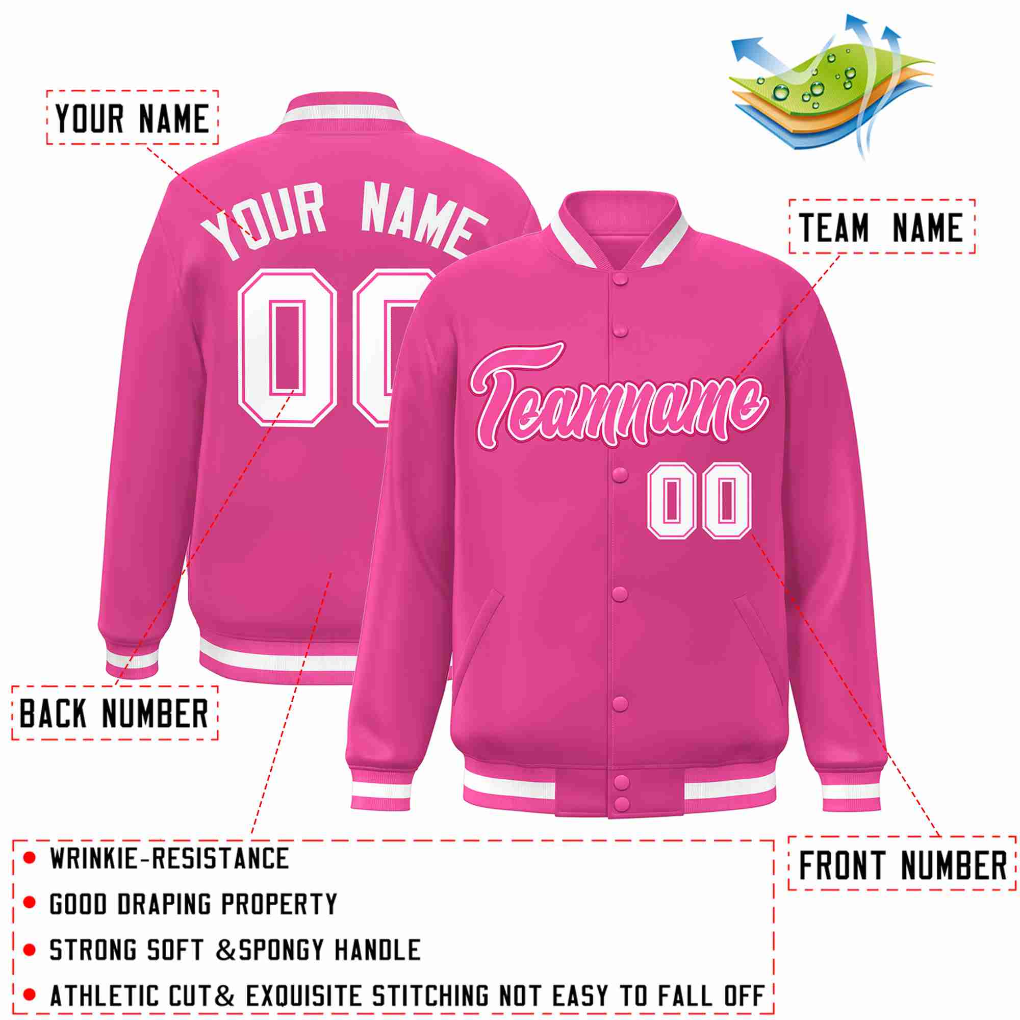 Custom Pink Pink-White Classic Style Varsity Full-Snap Letterman Jacket