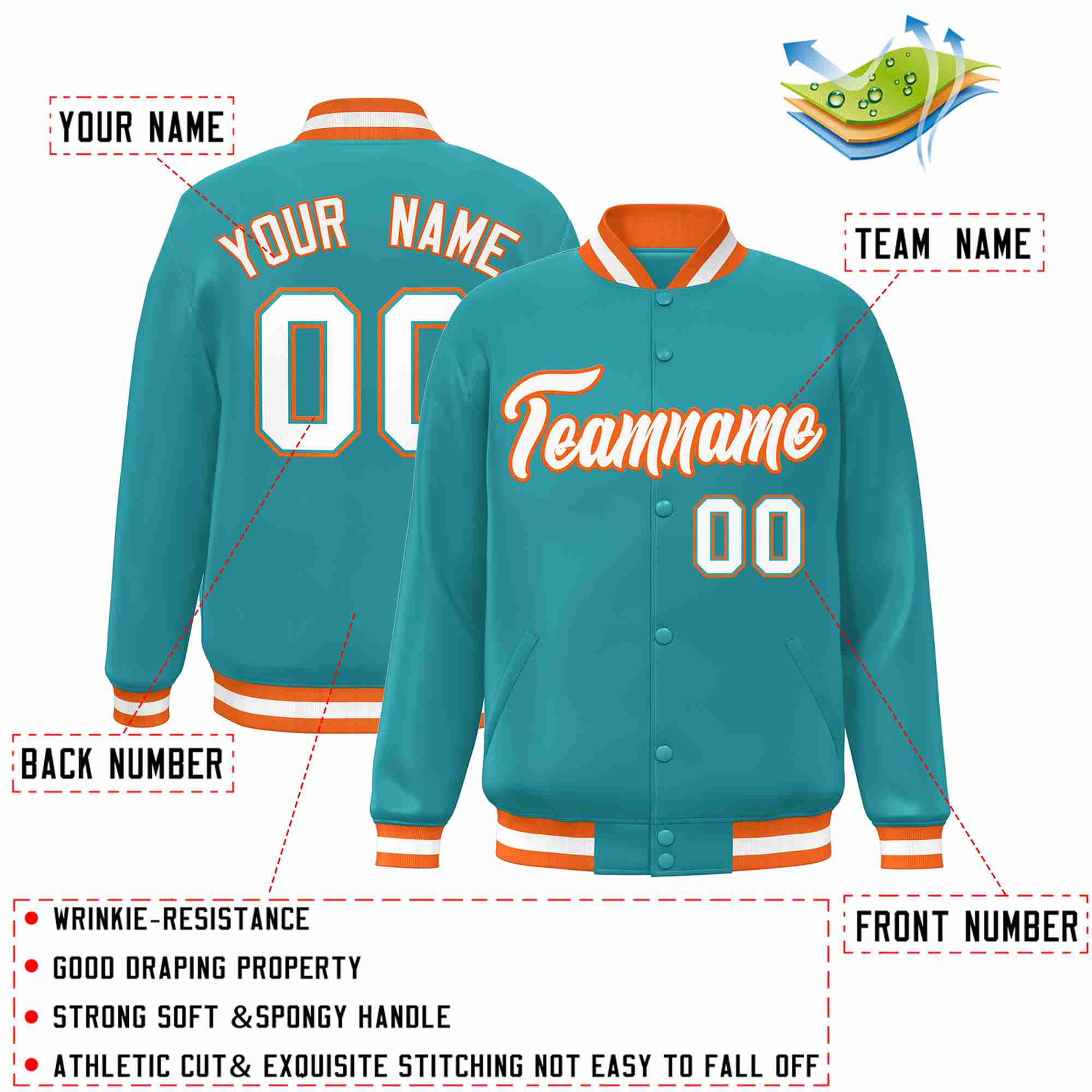 Custom Aqua White-Orange Classic Style Varsity Full-Snap Letterman Jacket