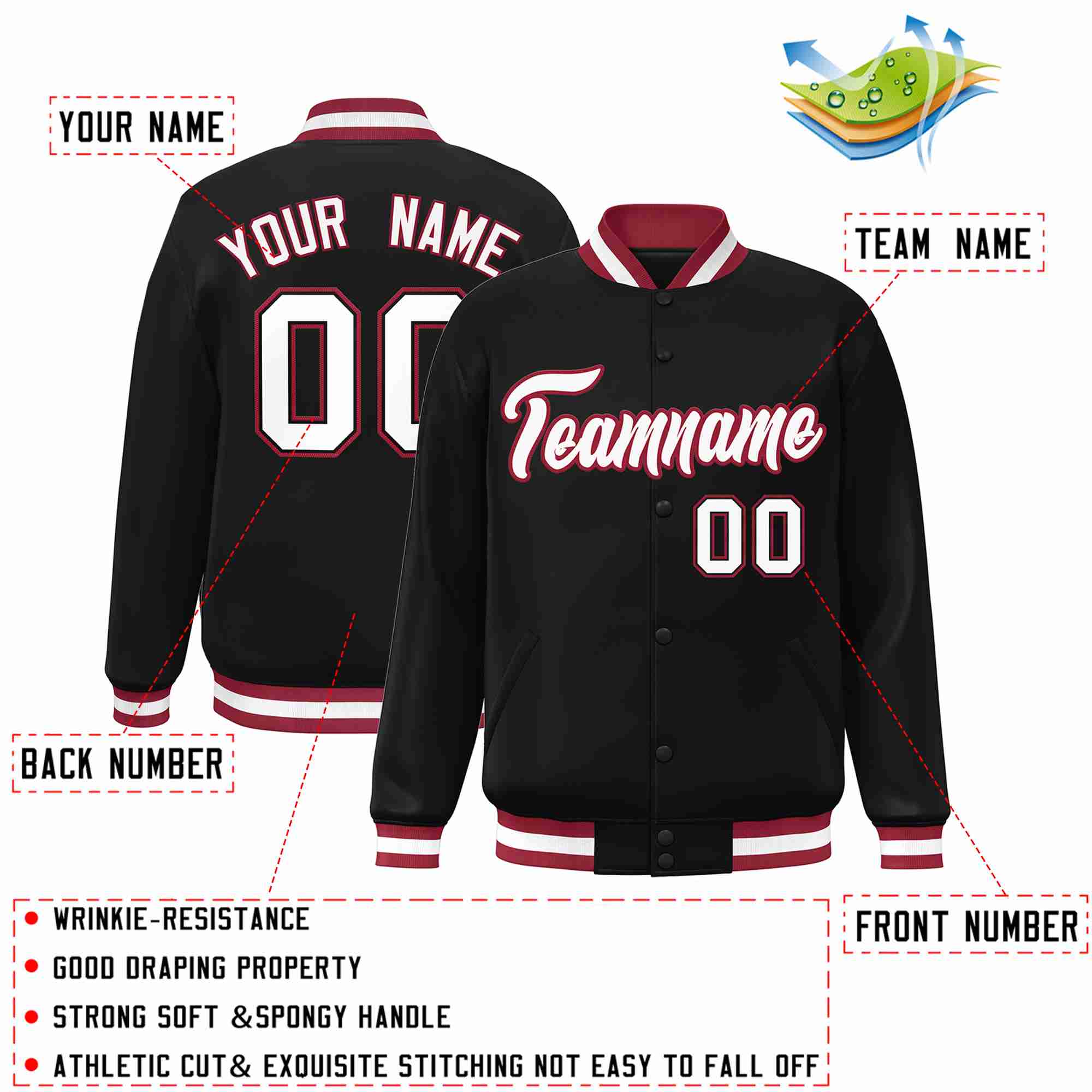 Custom Black White-Crimson Classic Style Varsity Full-Snap Letterman Jacket