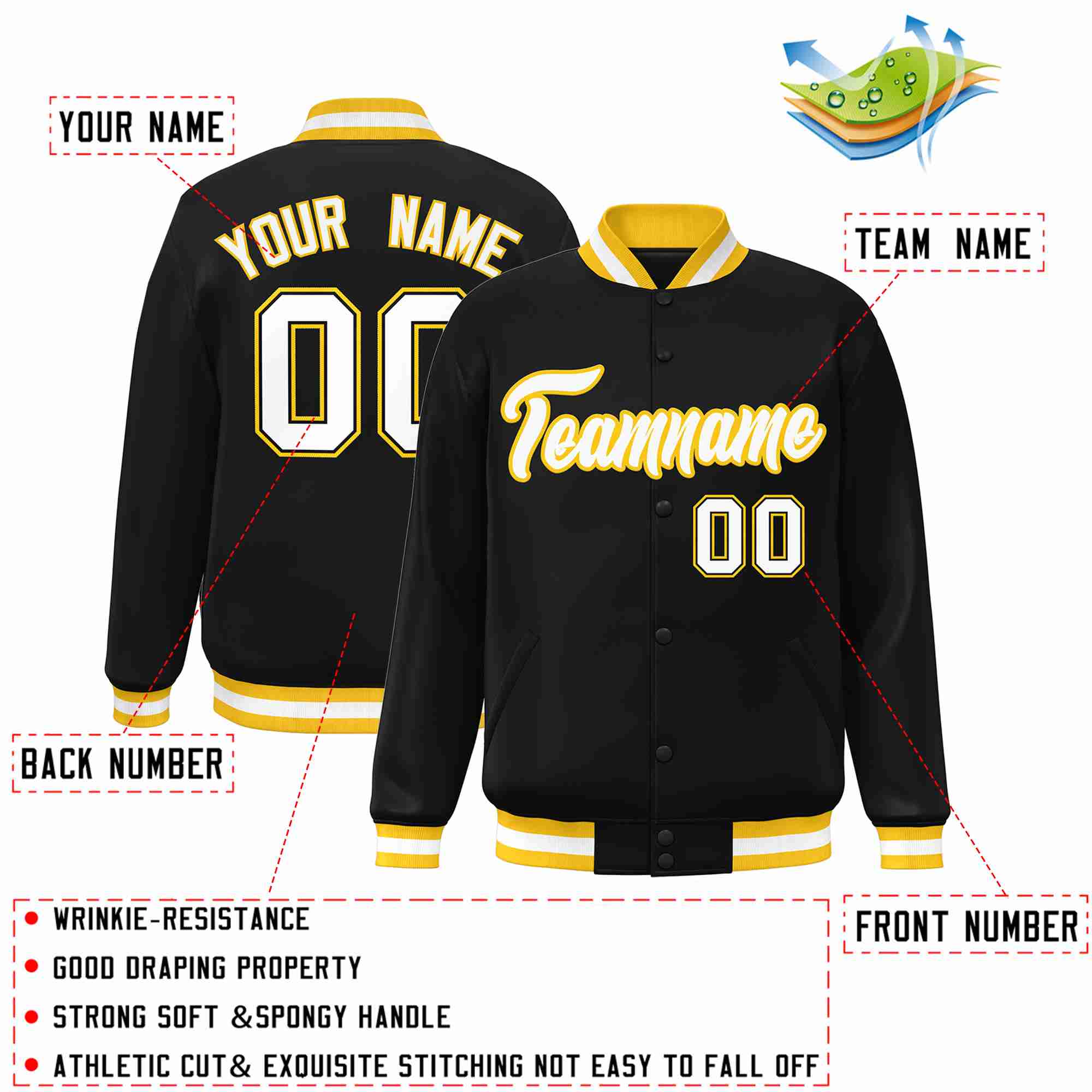 Custom Black White-Gold Classic Style Varsity Full-Snap Letterman Jacket