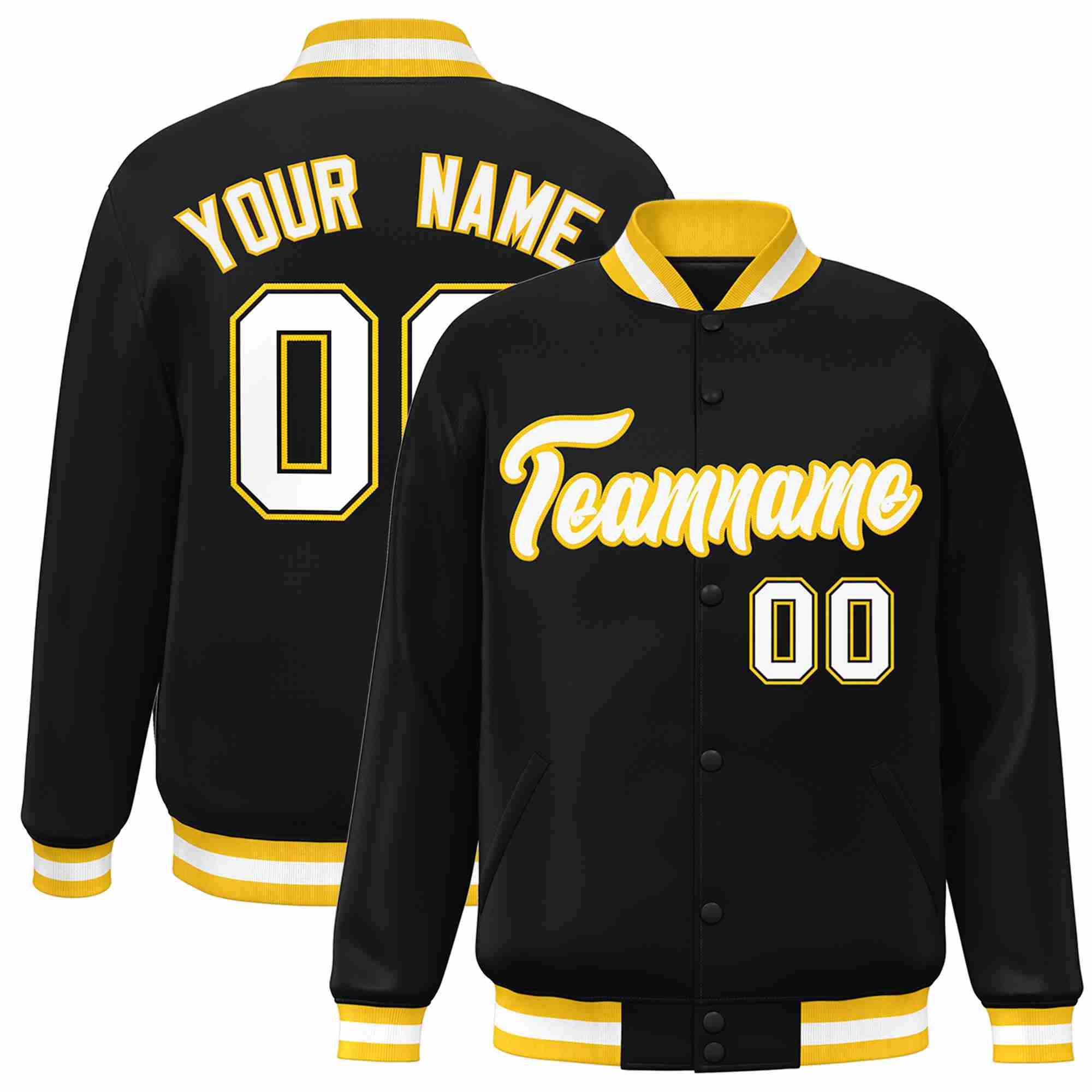 Custom Black White-Gold Classic Style Varsity Full-Snap Letterman Jacket